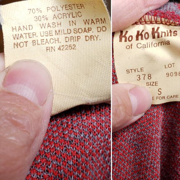 Vintage 70s KoKo Knits Red & Gray Diamond Check Cowl Neck Sweater Size S - Picture 10 of 10